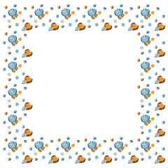 Childrens cartoon square frame of smiling characters of butterflies and abstract monstera leaves in gender neutral orange, blue and gray colors on a white background. For invitation, postcard. Vector.