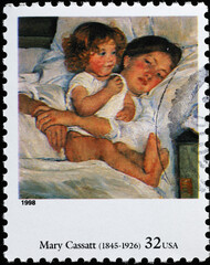 Breakfast in bed by Mary Cassatt on postage stamp