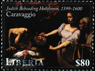 Judith beheading Holofernes by Caravaggio on postage stamp