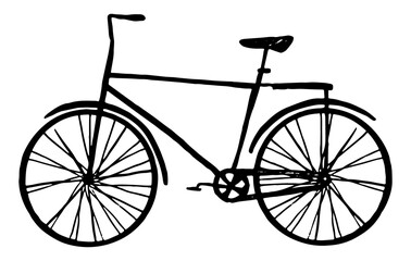 Fototapeta na wymiar Bicycle, ecological transport, active lifestyle. Hand drawn vector illustration. Graphic doodle, sketching. Black contour drawing isolated on white. Realistic single picture for design, print, card.