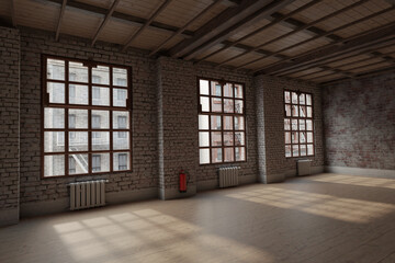 3d rendering of empty studio loft with white grunge bricks walls