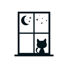 Cat on the window, moon and stars at night. Flat vector illustration isolated on white background