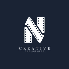 Elegant white letter N logo for strip film vector illustration and black background.