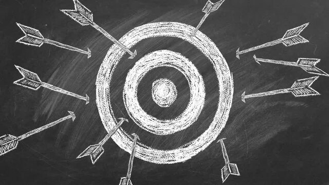 Many arrows fly past the target. Fail, loser, unsuccessful. Arrows Off Target. Unsuccessful strategy concept. Animated Illustration on the blackboard.