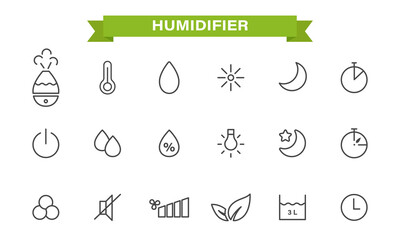 Icons set on the theme of the humidifier. linear style. humidifier, air humidity, timer, temperature, backlight,silent mode, night mode, capacity size. isolated on white background.Vector illustration