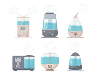 A set of steam ultrasonic humidifiers of different shapes. Household appliances for the home. A mist generator. vector illustrations in flat style. isolated on a white background. - obrazy, fototapety, plakaty