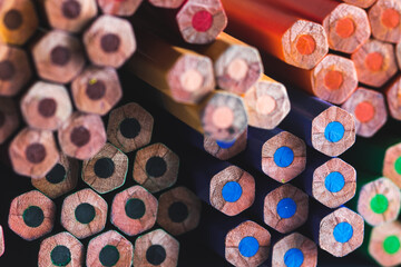 Colored pencils background. Drawing, hobby, occupation