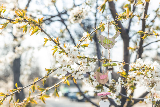 Easter decoration on blurred cherry tree background with spring flowers in sunny day. Spring background art with white blossom, shallow depths of the field