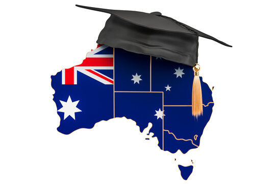 Education in Australia concept. Australian map with graduate cap, 3D rendering