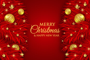 Red Merry Christmas and Happy New Year Banner with red branches, ball, star