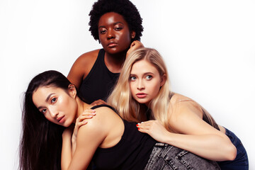 Fototapeta premium diverse multi nation girls group, teenage friends company cheerful having fun, happy smiling, cute posing isolated on white background, lifestyle people concept, african-american, asian and caucasian