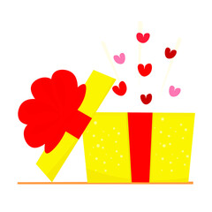 Open yellow gift box with flying out red hearts
