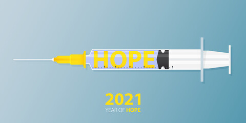 Happy New Year 2021 banner with Covid-19 Vaccine, Virus and Face Mask. Year of hope. Banner design template for New Year 2021 decoration in Covid-19 Vaccine Concept.