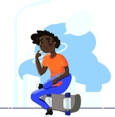 Boy sit on skateboard. Thinking young man