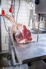 Roher dry aged Wagyu Porterhouse und Tomahawk Steak Block vom Rind vor Zerlegung als close-up an...