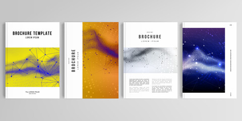 Realistic vector layouts of cover mockup templates in A4 for brochure, cover design, flyer, book design, poster. Colorful wavy particle surface background for technology or science cyber space concept