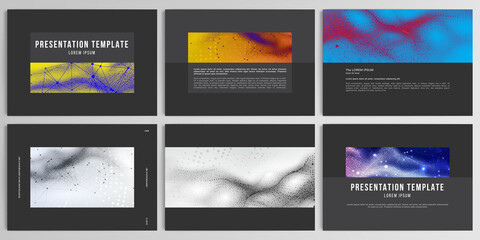 Vector layouts of presentation design templates for brochure, cover design, flyer, book design, magazine. Colorful wavy particle surface background for technology or science cyber space concept.