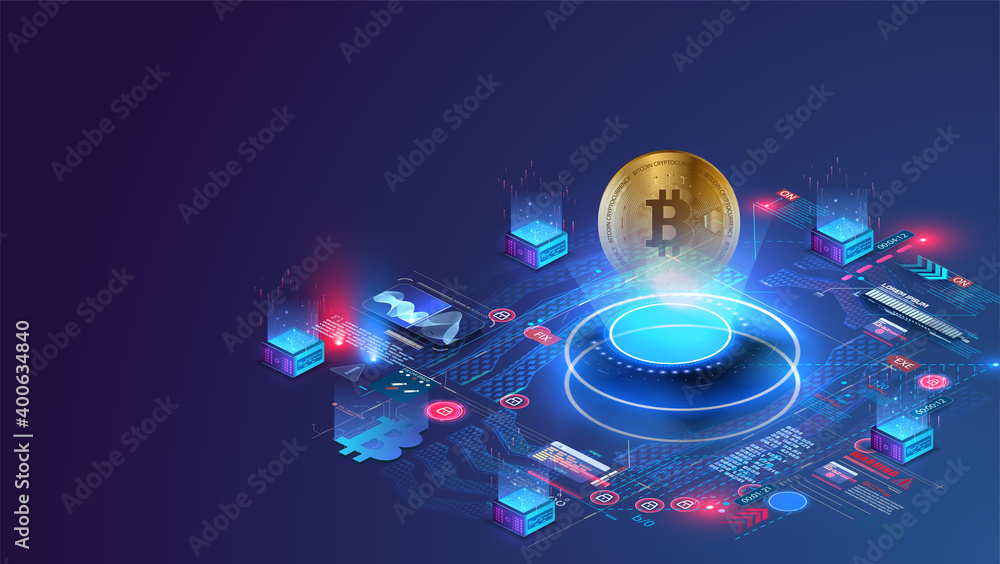 Poster digital currency or cryptocurrency mining farm. creation of bitcoins. crypto mining, blockchain conc