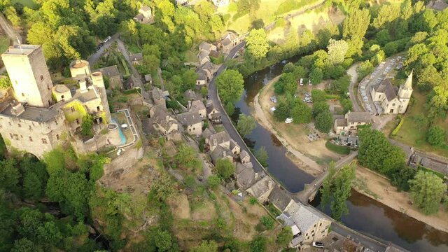 Aerial view of Belcastel landmark in Lacave, Midi-Pyrenees, France . High quality 4k footage
