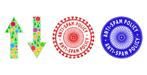 Vertical flip arrows collage of New Year symbols, such as stars, fir trees, color round items, and ANTI-SPAM POLICY dirty stamp seals. Vector ANTI-SPAM POLICY stamp seals uses guilloche ornament,