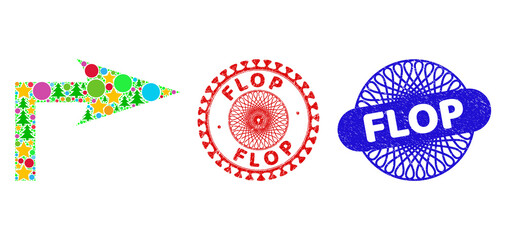 Turn right composition of Christmas symbols, such as stars, fir trees, color round items, and FLOP rubber stamp prints. Vector FLOP seals uses guilloche ornament, designed in red and blue versions.