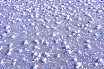 Ice surface with large fluffy snowflakes, natural organic background, top view