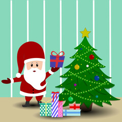 Santa Claus puts gifts under the Christmas tree. Interior during the holidays. New Year's decorations, garlands. illustration