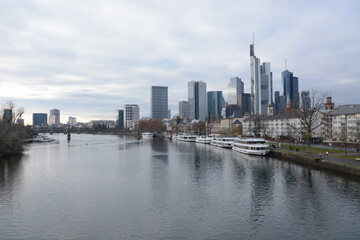 View on Frankfurts Skyline, seen from a bridge over the river Main