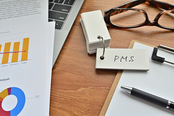 There is a piece of paper with a graph printed on it, and an open vocabulary book on the desk. The word PMS is there. It's an acronym that means Personal information protection management systems.