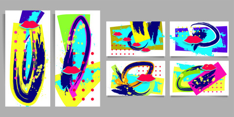 Bright colored Set cards collage in a Zine Culture style and Pop art style with cartoon lips college style. Funny Giraffe with a poster, t-shirt composition, hand drawn style print. Vector