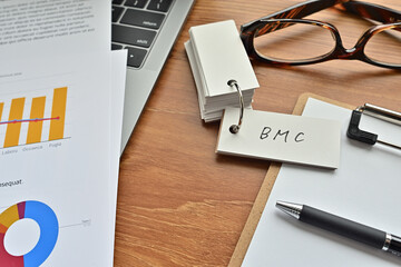 There is a piece of paper with a graph printed on it, a clipboard, and an open vocabulary book on the desk. The word BMC is there. It's an acronym that means Business Model Canvas.