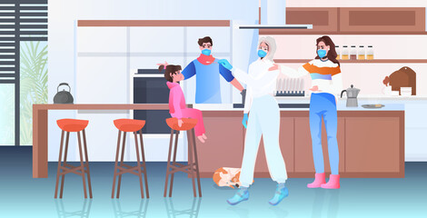 female doctor in mask taking swab test for coronavirus sample from little girl patient PCR diagnostic procedure covid-19 pandemic concept full length horizontal vector illustration