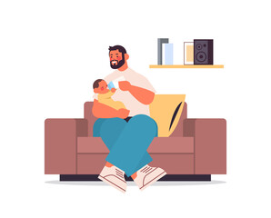 Fototapeta premium young father feeding little son with milk bottle fatherhood concept dad spending time with his kid full length horizontal vector illustration