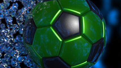 Naklejka premium Green-Black Soccer Ball with diamond particles under blue flare lighting. 3D illustration. 3D CG. 3D high quality rendering.