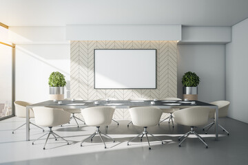 Bright conference room with mock up poster.