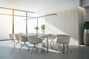 Contemporary meeting room interior with panoramic city view