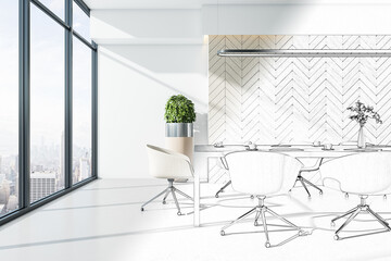 Drawing conference hall with table and chairs