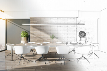 Drawing meeting room with blank brick wall