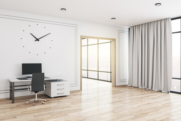 Contemporary office interior with big clock on wall.
