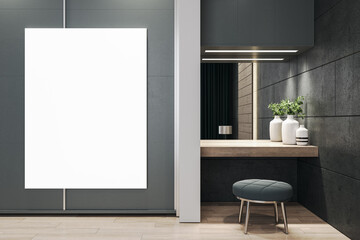 Wooden dressing table with mirror and blank banner in modern interior.