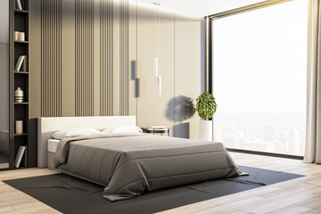 Contemporary bedroom with bed, household supplies and city view.