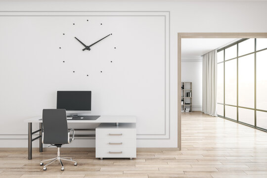 Modern coworking office interior with big clock on wall and city view.