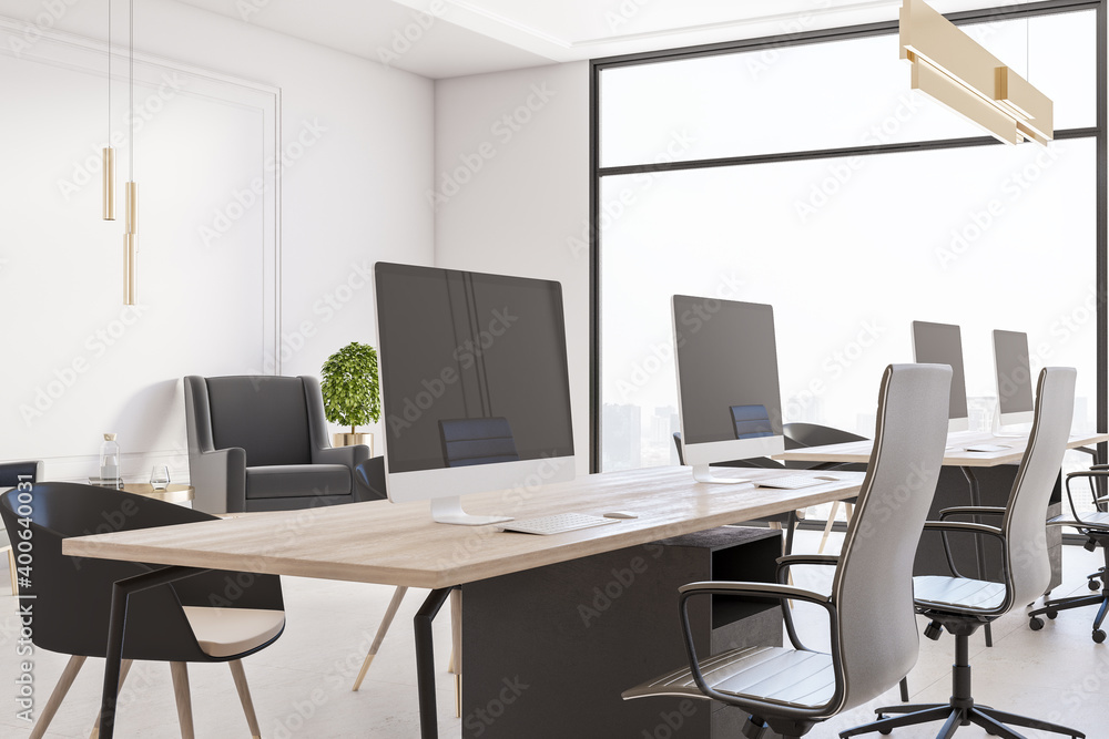 Poster Bright workplace with many computers