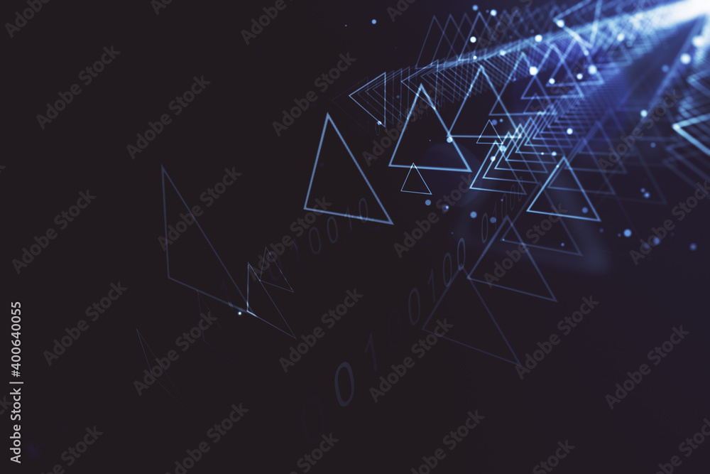 Poster Abstract blue triangles wallpaper with binary code.