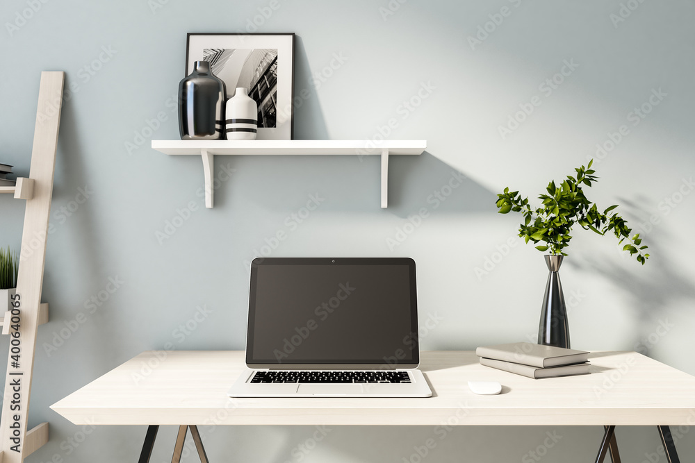 Poster close up of blank black notebook screen on designer desktop