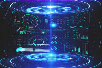 Glowing teleportation station hologram with stock chart.