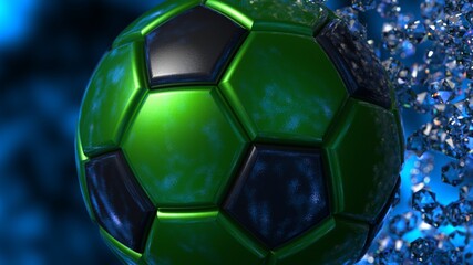 Naklejka premium Green-Black Soccer Ball with diamond particles under blue flare lighting. 3D illustration. 3D CG. 3D high quality rendering.