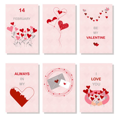 Set of Valentine's day Greetings Cards with Hearts. Bouquet of Hearts, mail Letters and birds which are Bringing Lights. 14 February, be my Valentine.