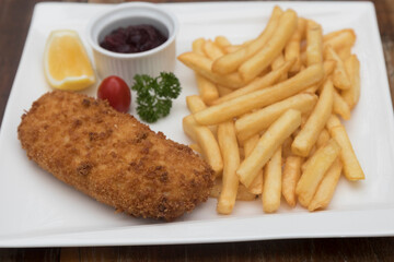 Pork Cordon Bleu served with French fries and Cranberrry Sauce