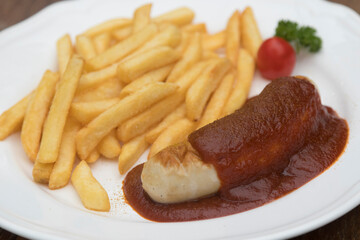 Currywurst, Berlin style grilled sausage served with ketchup and curry sauce